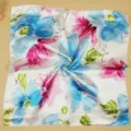 Close-up of small square floral scarf with blue and pink flower print detail - Blue Pink Freehand Floral (Style 4)