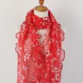 Red long scarf with white floral print and elegant ruffled wood ear edges lace detail - Red