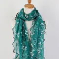 Elegant green floral print long scarf with ruffled lettuce edge detail for women. - Dark Green