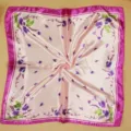 Close-up of pink silk square scarf with purple thistle floral pattern for business uniform - Pink Purple Thistle Style (Style 6)