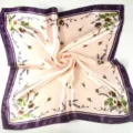 Elegant floral square silk scarf with purple borders and champagne satin finish - Dark Purple Border Champagne Floral (Style 8)
