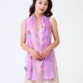 Elegant purple mesh scarf with floral embroidery and ruffle edges for women fashion look. - 170x45cm / Purple