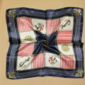 Detailed macro view of professional nautical silk scarf with anchor and helm patterns - Navy Red White Nautical (Style 14)