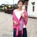 Ethnic style thick warm pink shawl wrap with floral print and long tassels - S / Pink
