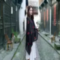 Elegant black ethnic style cotton linen shawl with red flower embroidery for summer - 90x180cm / Black