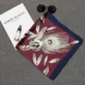 Square feather print silk scarf in deep red with navy blue border - 70*70cm / Burgundy