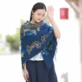 Ethnic floral pattern navy blue oversized shawl scarf with delicate tassel trim - S / Navy Blue