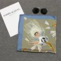 Korean style silk-like square scarf with elegant feather print in olive green and blue - 70*70cm / Matcha