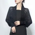 Elegant black honeycomb hollow-out knitted shrug bolero with long sleeves for spring and autumn - Black