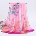 Pink chiffon long scarf for women with elegant magpie and floral print decoration - 155x50cm / Magpie Pink
