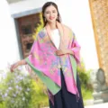 Elegant thick warm ethnic style floral shawl with decorative fringes in pink and green - S / Pink