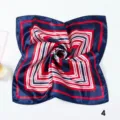 Close-up of navy and red striped silk square scarf with elegant spiral folding detail - Navy Red White Three Color Geometric (Style 21)