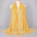 Elegant yellow nylon hollow-out scarf with fringe details, fashionable long wrap for women - 170x65cm / Bright yellow