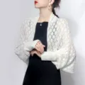 Elegant white hollow knit shawl shrug with honeycomb pattern for women's spring outerwear - White