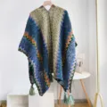 Colorful bohemian knit shawl with chevron pattern and tassels, thick autumn winter wrap - 105-60cm / Aquamarine