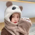 Cute panda-themed 3-in-1 plush winter hat, scarf, and glove set in beige - Khaki