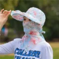 Elegant floral wide-brim sun hat with integrated face mask for women outdoor activities - One Size / Blue Peony