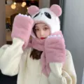 Cute pink panda plush 3-in-1 integrated hat, scarf, and gloves set for winter warmth - Pink