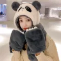 Cute winter plush panda 3-in-1 hat scarf and gloves set for women in black and white - Gray