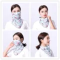 Detail view of a floral chiffon sun protection face scarf mask for outdoor activities. - No. 28 (Blue Bottom Light Purple Floral)