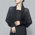 Women's elegant black honeycomb pattern knitted ice silk shrug sun protection shawl - Tops / 60-80cm / Black