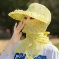 Women's yellow floral sun hat with matching face mask and neck cover for outdoor protection - One Size / Yellow Leaf