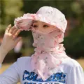 Pink floral women's sun hat with integrated face scarf and large brim for UV protection - One Size / Pink Peony