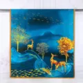Detailed view of ethnic silk-like scarf featuring golden deer and landscape patterns. - All the Way with You / 90x180cm