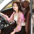 Women's pink paisley chiffon sun protection shrug with long ruffled sleeves for driving - One Size / Tops / Pink