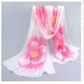 Lightweight chiffon scarf with large pink floral print on white background - White