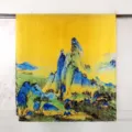 Detail of ethnic style satin shawl featuring a vibrant Chinese landscape painting - Landscape Painting Yellow / 90x180cm