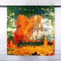 Detail of ethnic style silk-like scarf with a vibrant oil painting landscape design - Birch Forest Green / 90x180cm