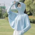 Women's light blue ice silk sun protection jacket with hood and face cover for outdoor riding. - One Size / Tops / Sky Blue