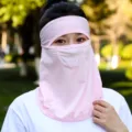 Pink ice silk sun protection mask with breathable mesh for full face cover - One Size (Head Circumference 55-60cm) / No Brim / Snow Bud Green