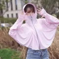 Women's pink ice silk sun protection jacket featuring a hood and integrated face mask - One Size / Tops / Light Purple