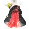 Detailed view of elegant red and black color-block lace cutout long silk scarf for women - 75x200cm / Black Red