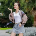 Elegant floral print chiffon sun protection shawl with puff sleeves for women's summer wear - One Size / Tops / Black