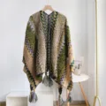 Ethnic style thickened knit poncho shawl with colorful bohemian patterns and tassels. - 105-60cm / Yellow-Green