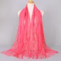 Elegant vibrant pink nylon hollowed-out lace scarf with long decorative fringe tassels - 170x65cm / Watermelon red
