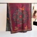 Close-up of a burgundy silk scarf with vintage Chinese floral and butterfly patterns - 180cm / Wine Red Butterfly Mandala (4)