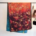Detail of Xiangyunsha silk scarf with double-sided floral print and hand-rolled edges - 180cm / Red Brown And Blue Plum Blossom (5)