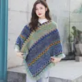 Ethnic style knitted poncho with chevron pattern and tassels for autumn winter warmth - Blue