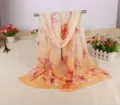 Elegant long chiffon scarf with a vibrant pink and orange butterfly print pattern - Beige Gradient Butterfly (No. 4)