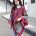 Women's colorful ethnic style knitted poncho with wave patterns and fringes - Rose Red