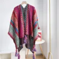 Bohemian ethnic style knit poncho shawl featuring colorful zigzag patterns and tassels - 105-60cm / Rose Red