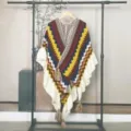 Ethnic style knitted poncho shawl with colorful zigzag patterns and decorative tassels - Tops / Yellow