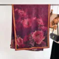 Detail view of a vintage mulberry silk scarf with peony print and hand-rolled edges. - 180cm / Purple Rose Peony Yellow Frame (8)