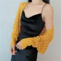 Stylish yellow hollow honeycomb knit shawl shrug for sun protection and spring layering - Yellow