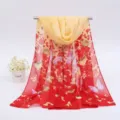 Elegant red and yellow chiffon scarf featuring vibrant butterfly and floral prints in detail - 155x50cm / Large Butterfly Red