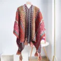 Colorful ethnic style knit shawl poncho with fringe tassels for travel - 105-60cm / Orange Red
